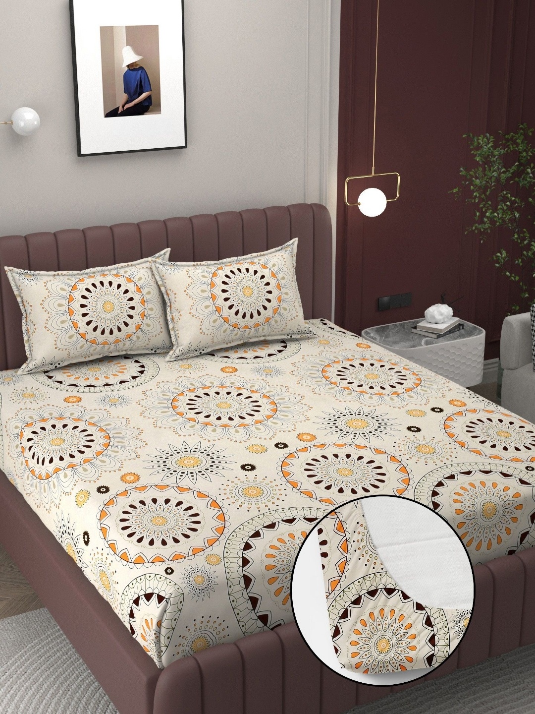 

BELVOSTUM Cream Ethnic Motifs 250 TC Cotton Crib Fitted Bedsheet With 2 Pillow Covers