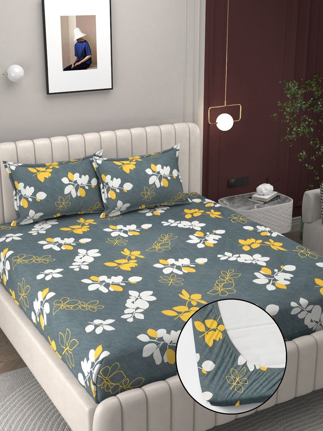 

BELVOSTUM Grey & White Floral 250 TC Cotton Double Bedsheet with 2 Pillow Covers