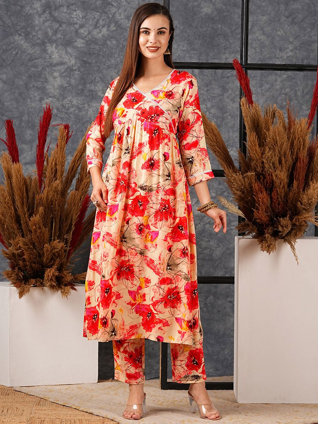 

KALINI Women Floral Printed Regular Kurta with Trousers, Pink
