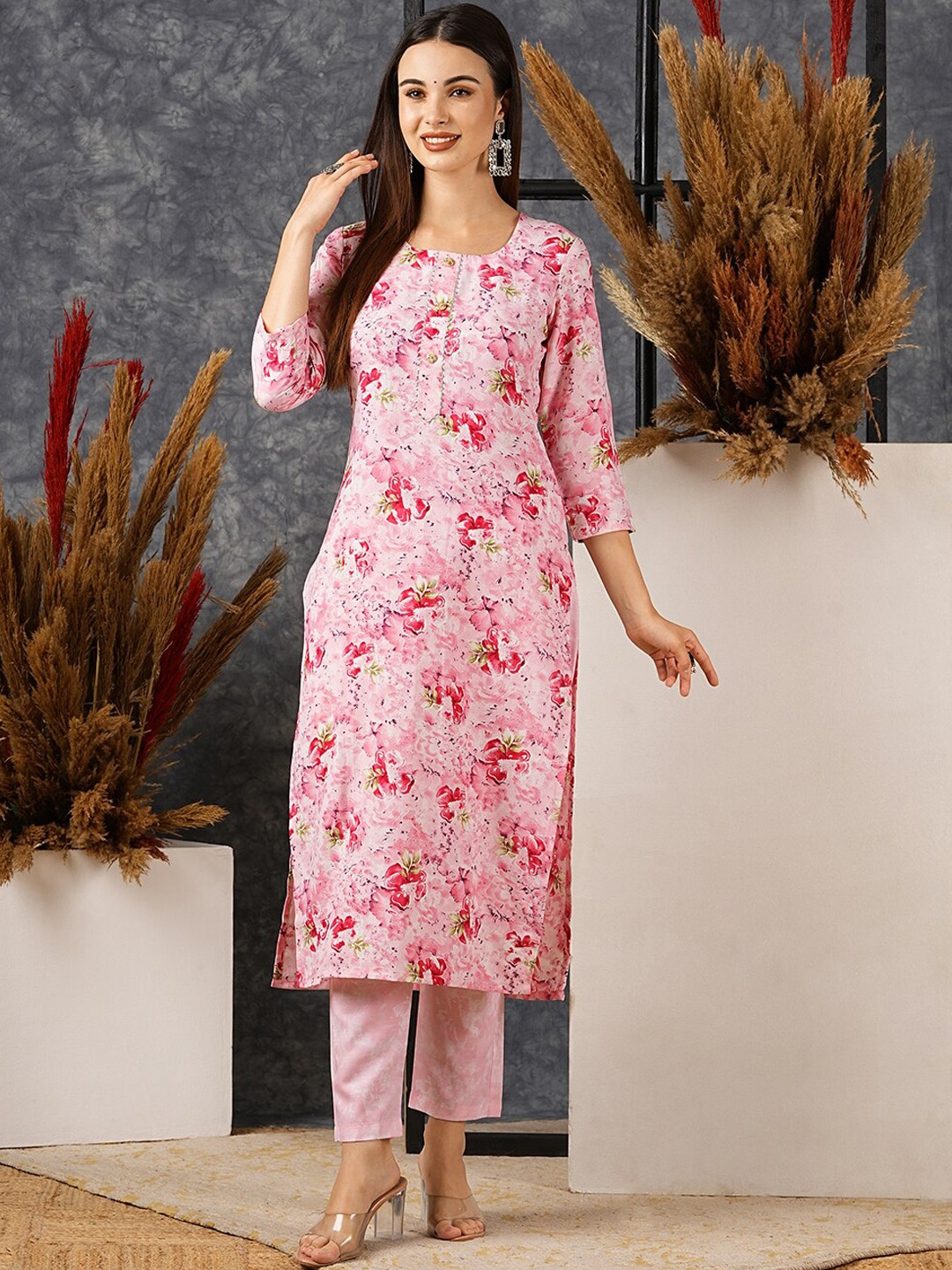 

KALINI Floral Printed Straight Kurta With Trouser, Pink