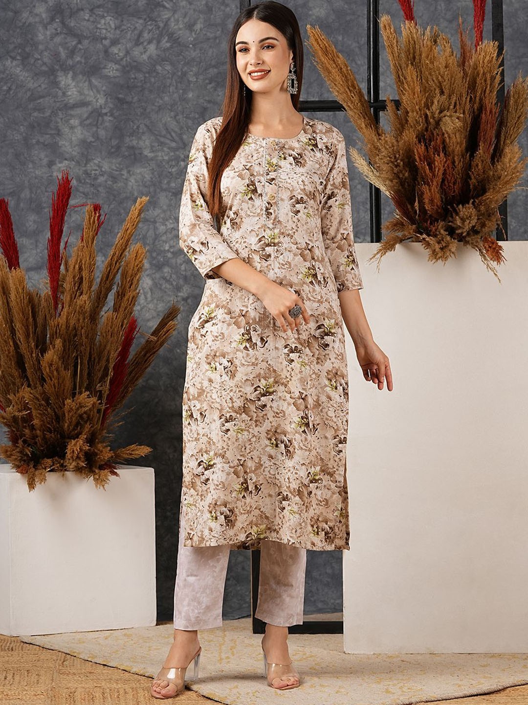 

KALINI Floral Printed Straight Kurta With Trouser, Beige