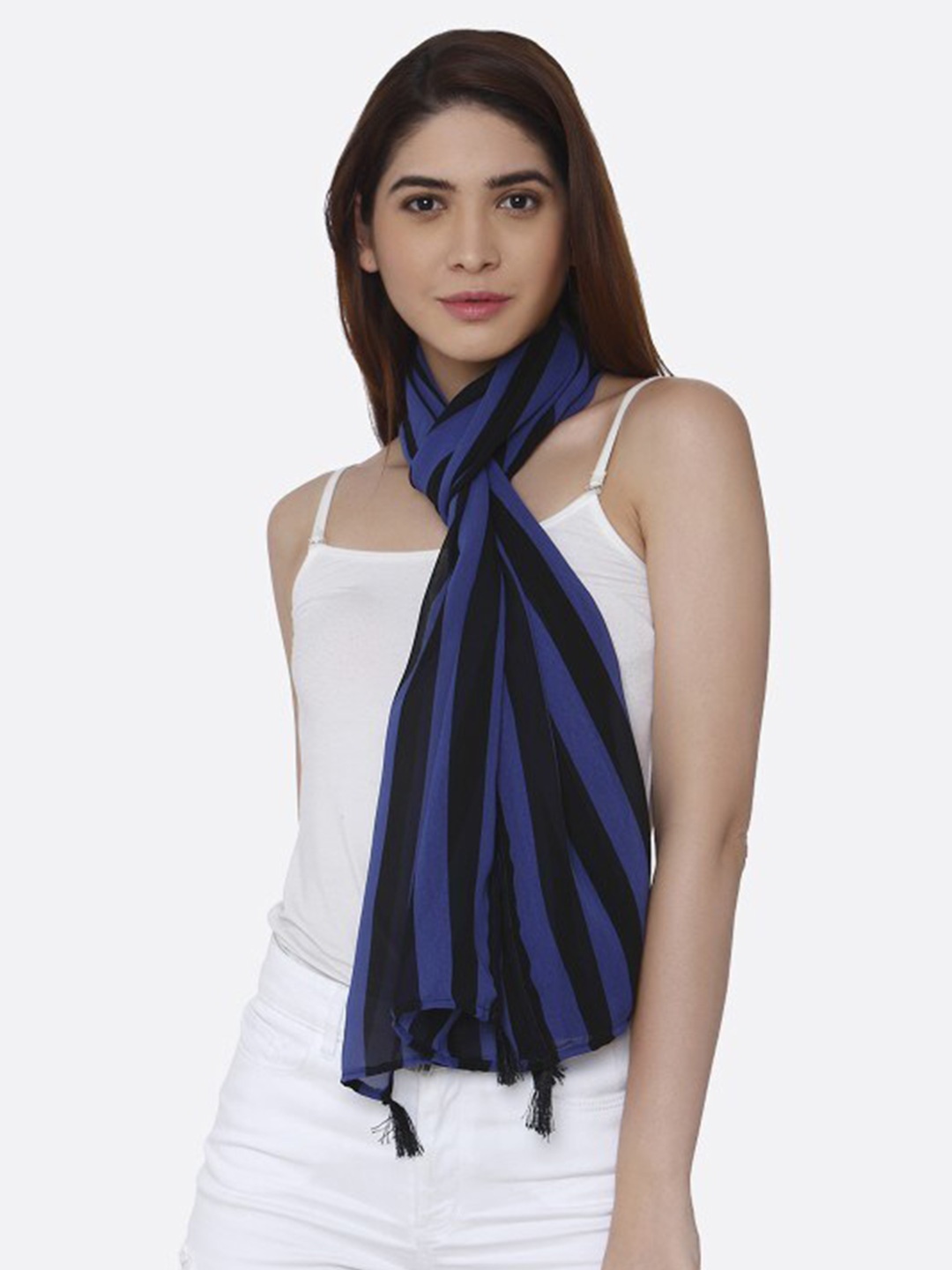 

shiloh Striped Tasselled Scarf, Navy blue