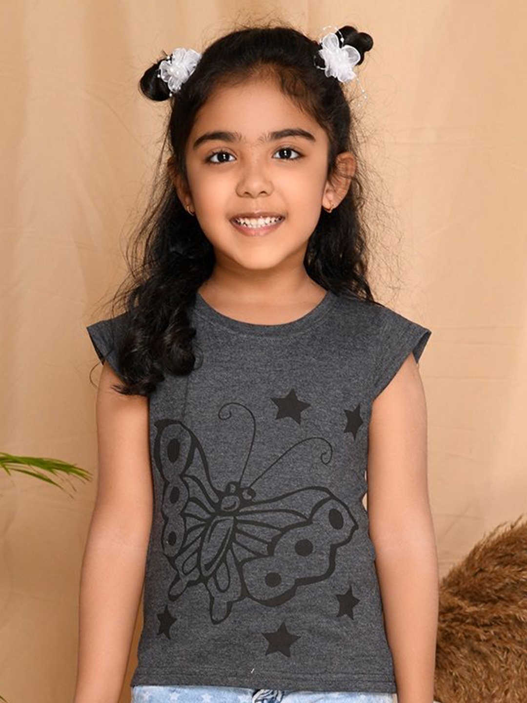 

Kids Cave Girls Graphic Printed Round Neck Cotton T-shirt, Grey