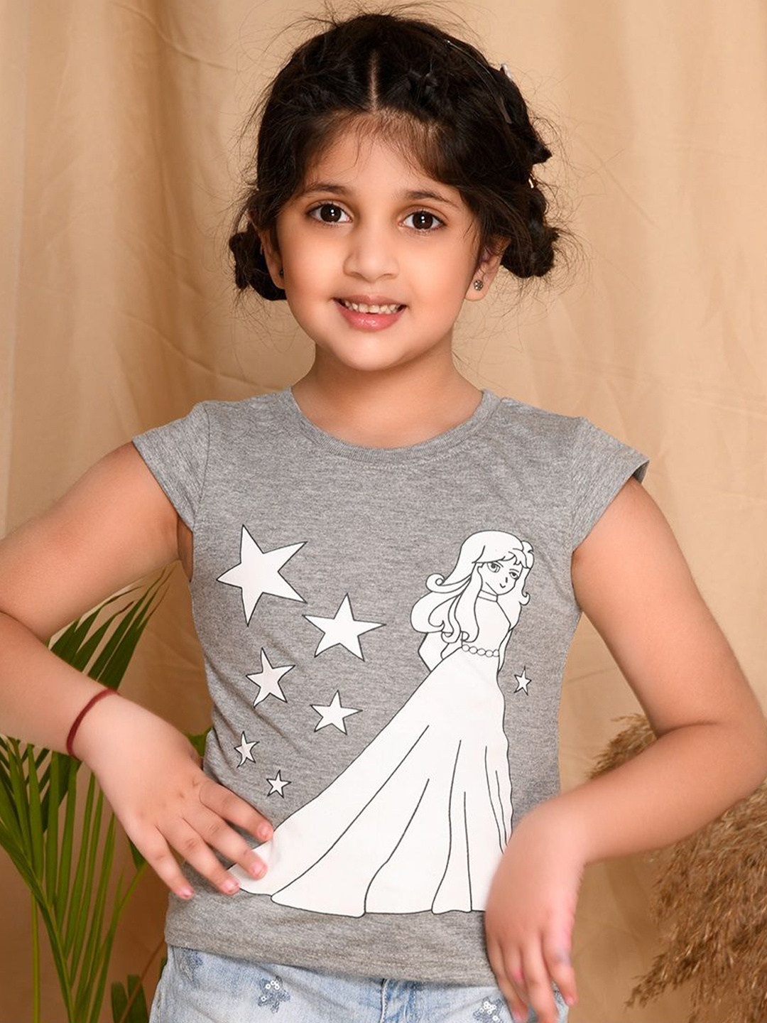 

Kids Cave Girls Graphic Printed Cap Sleeves Cotton T-shirt, Grey