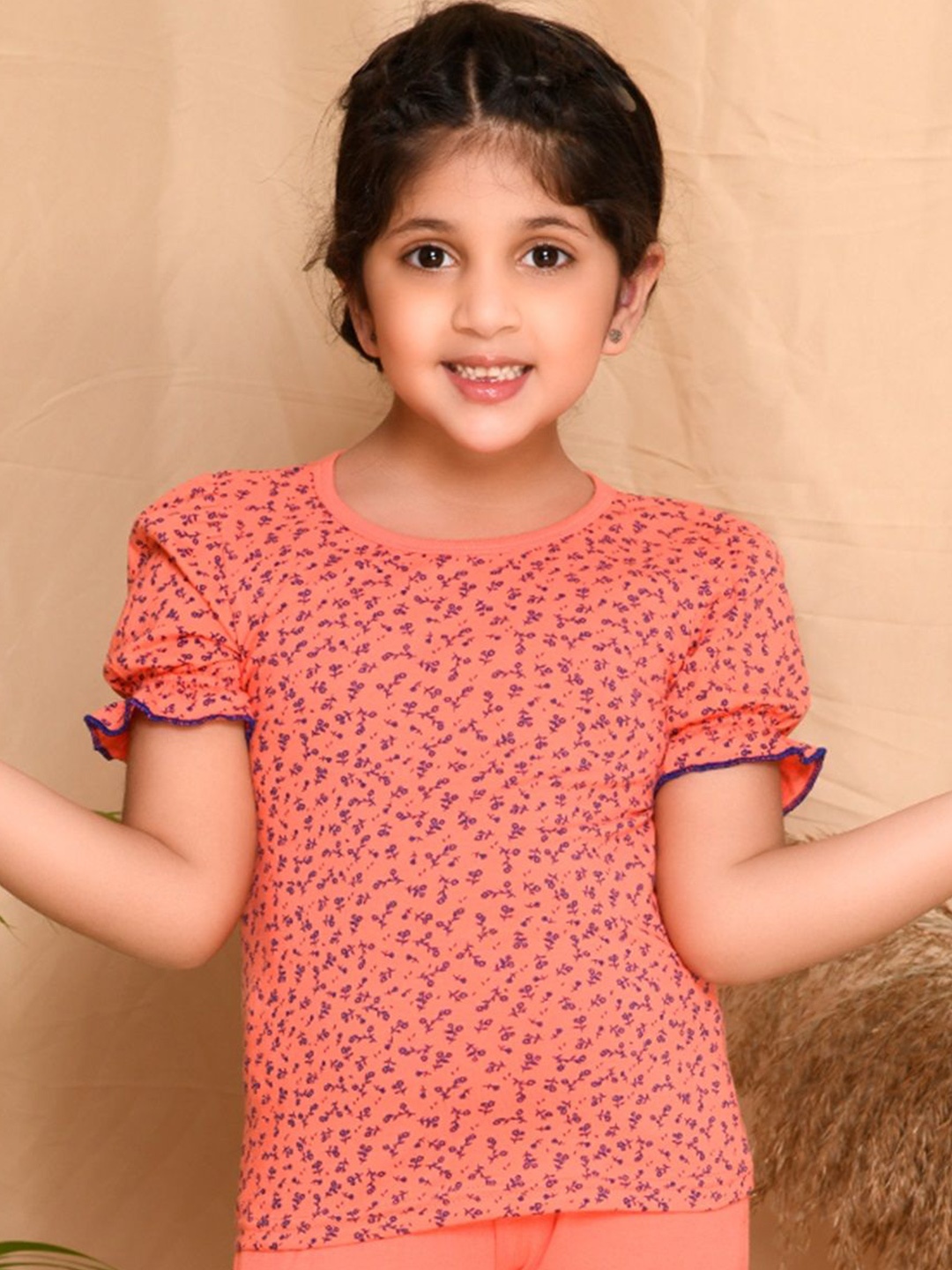 

Kids Cave Girls Floral Printed Round Neck Cotton T-shirt, Orange