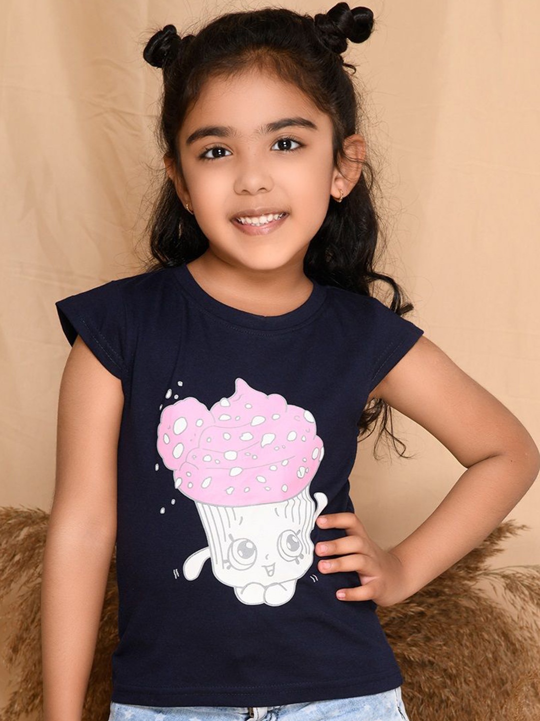 

Kids Cave Girls Graphic Printed Cap Sleeves Cotton T-shirt, Navy blue
