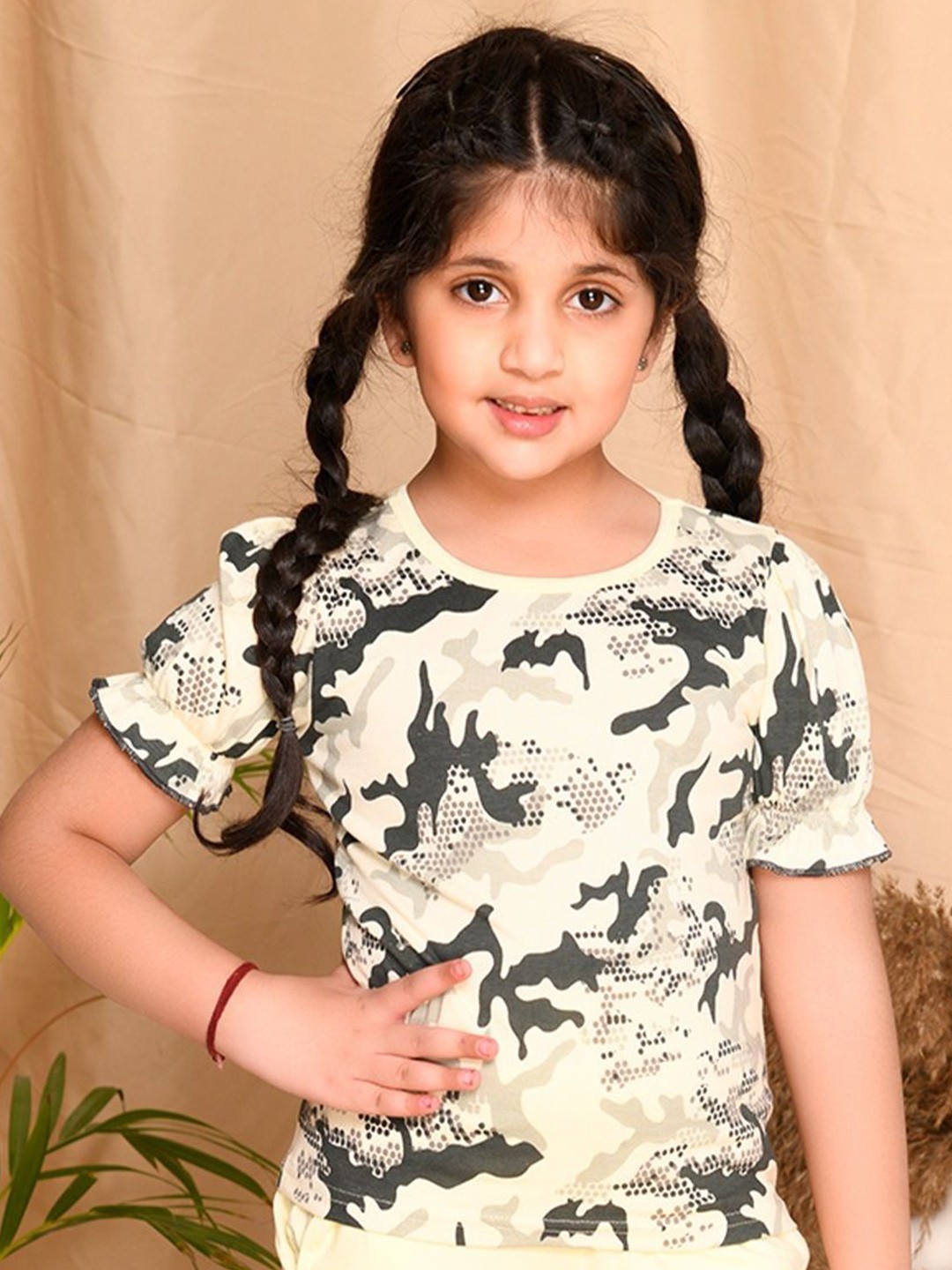 

Kids Cave Girls Camouflage Printed Puff Sleeves Cotton T-shirt, Beige