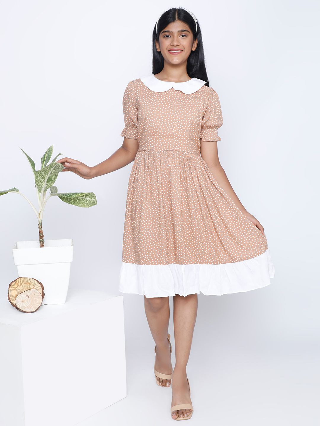 

IDAA Floral Peter Pan Collar Pure Cotton Fit & Flare Dress, Brown