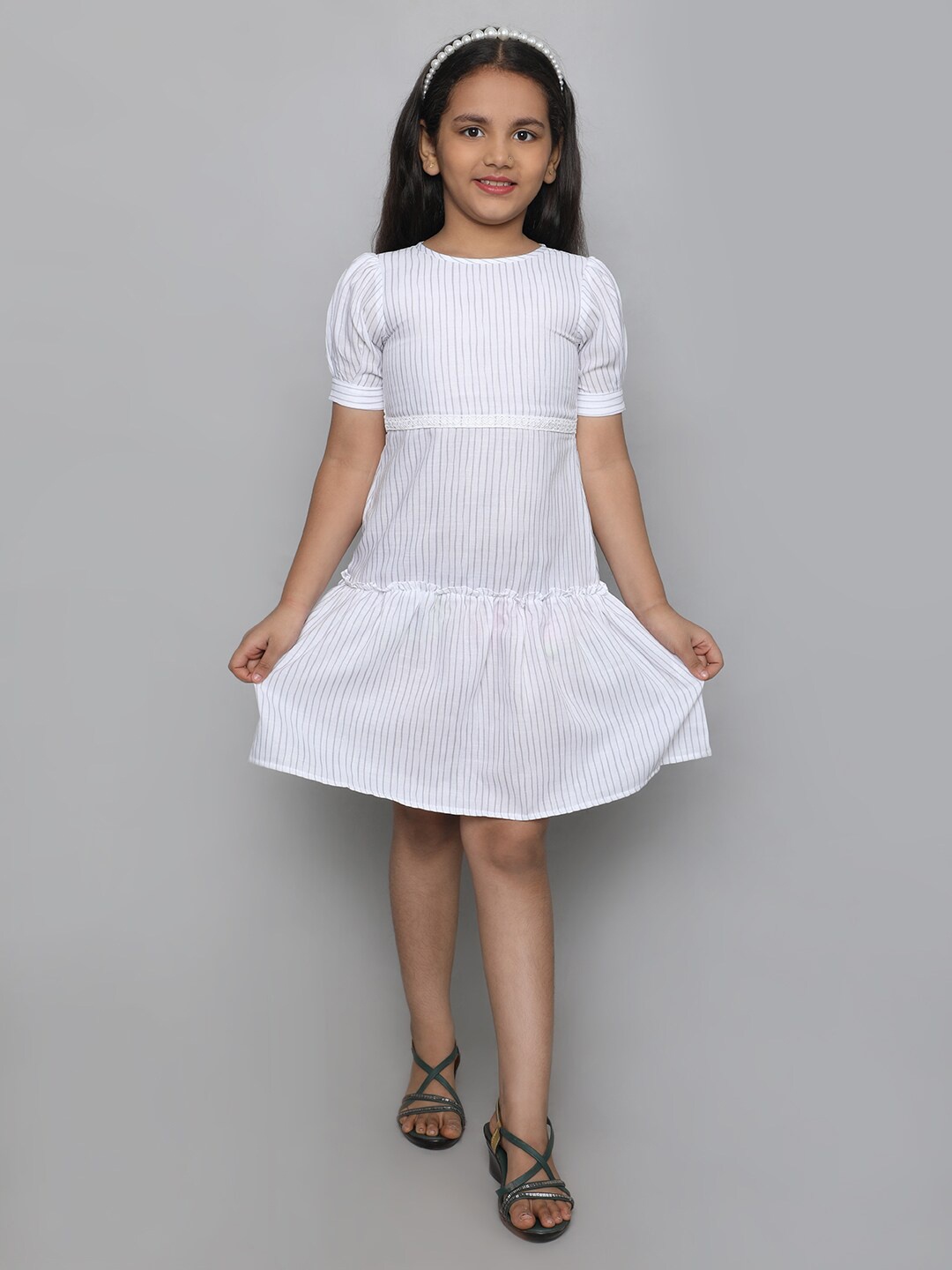 

IDAA Striped Puff Sleeve Round Neck Fit & Flare Dress, White