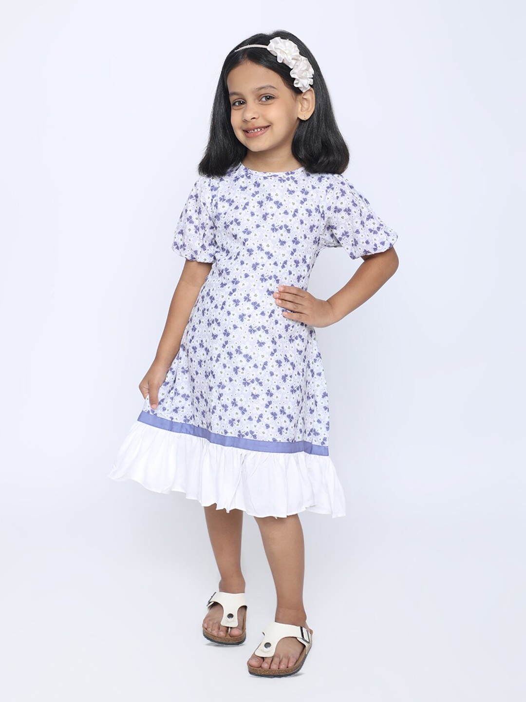

IDAA Girls Floral Printed Pure Cotton Fit & Flare Midi Dress, White