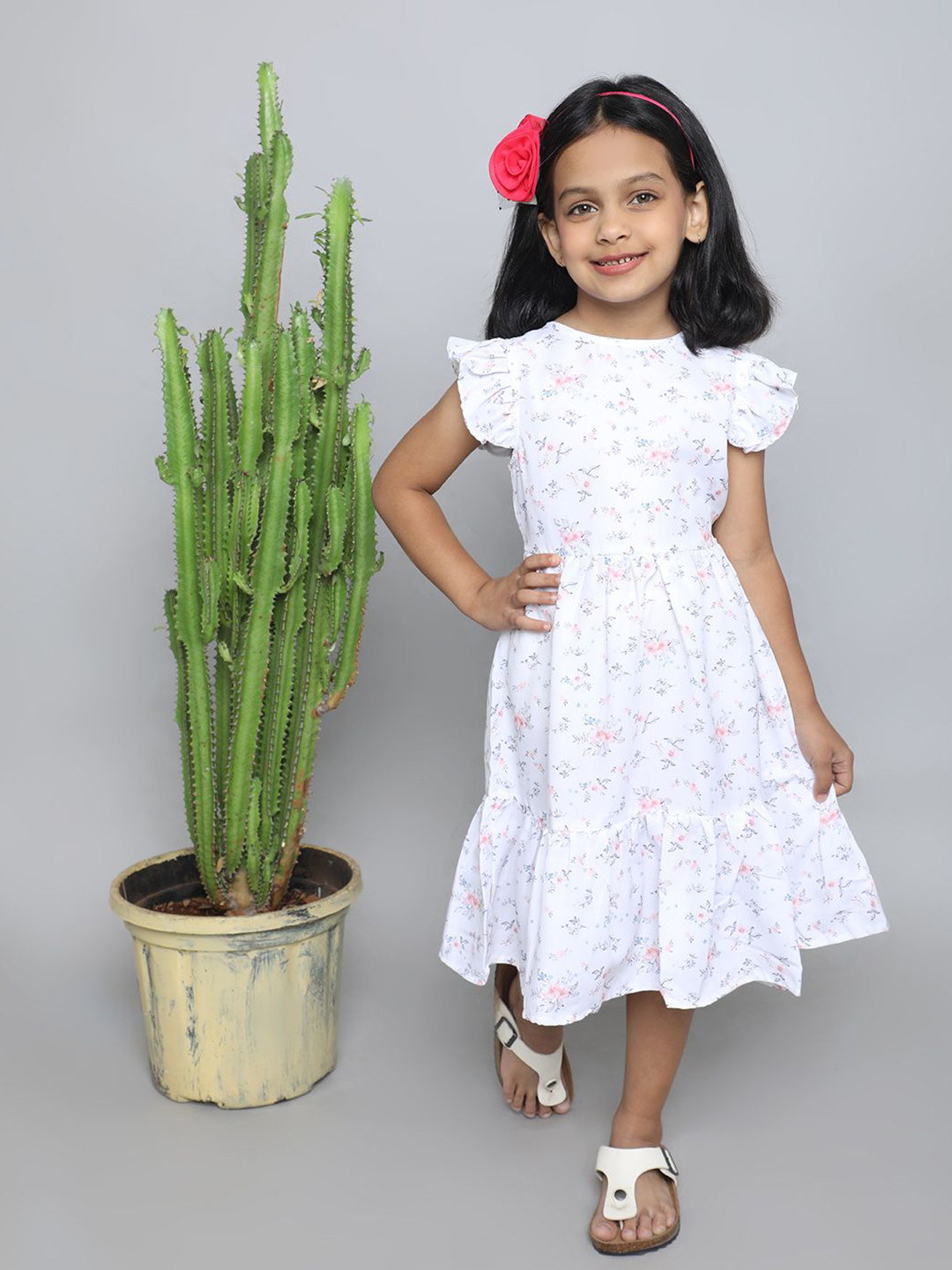 

IDAA Girls Floral Printed Pure Cotton Fit & Flare Dress, White