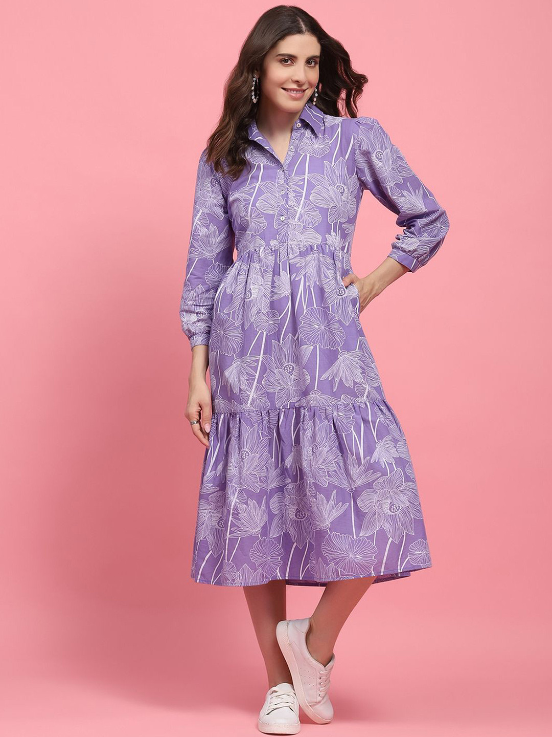 

House of Chikankari Print Shirt Midi Dress, Purple