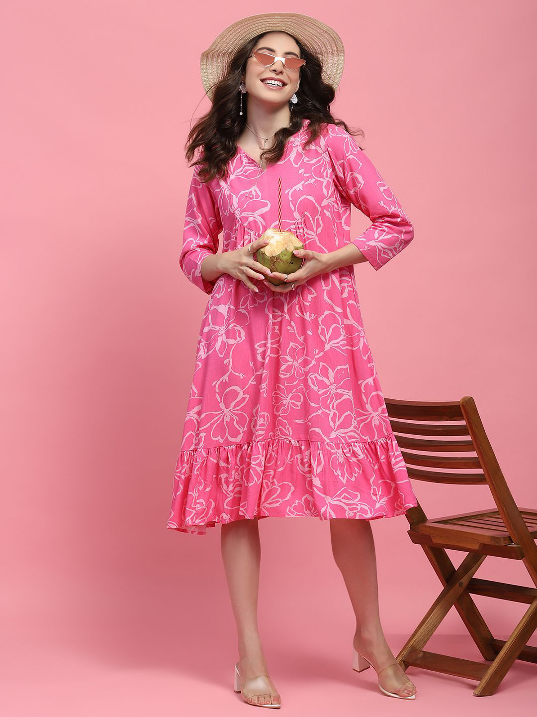 

House of Chikankari Ethnic Motifs Print A-Line Dress, Pink