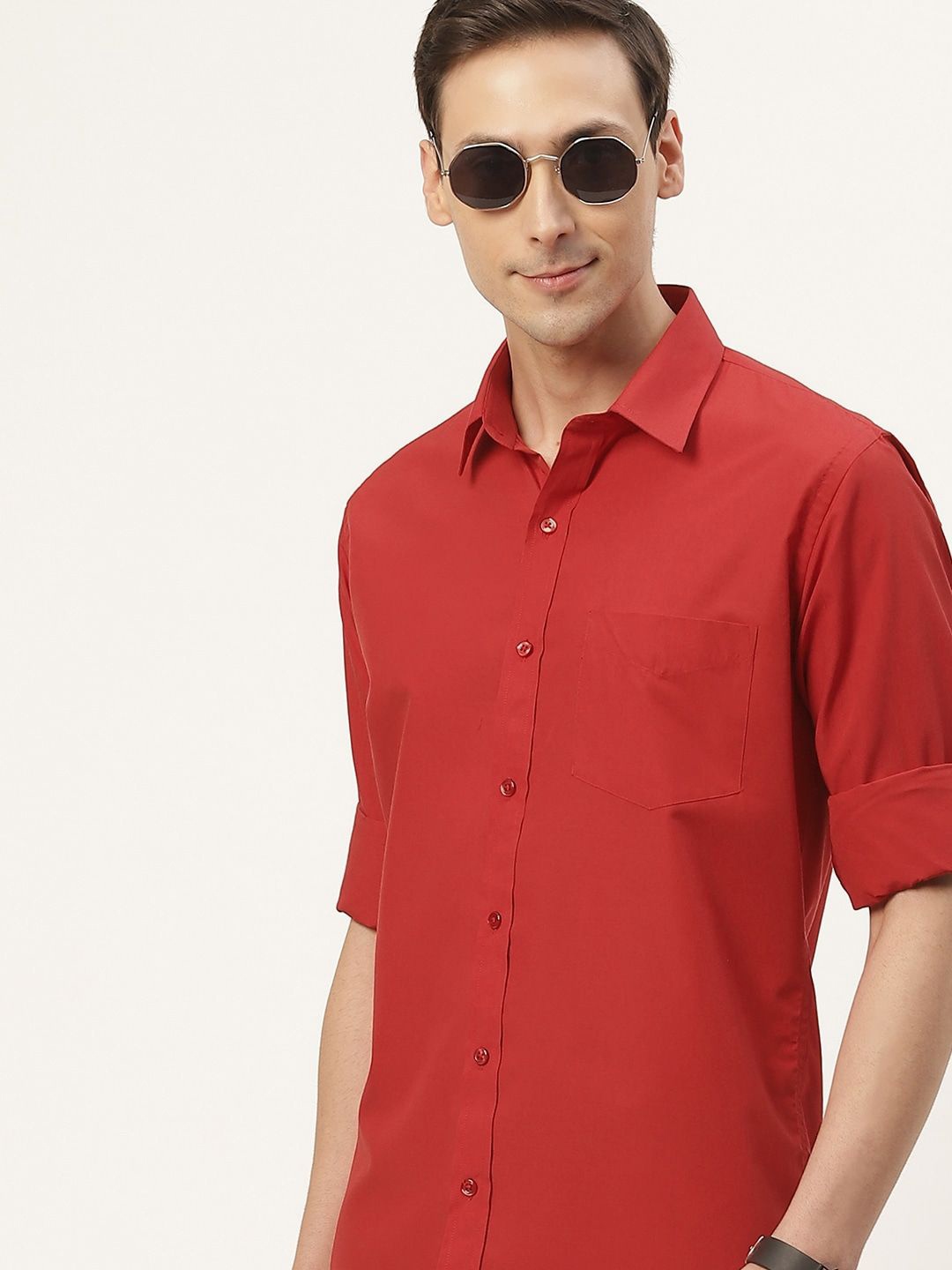 

English Navy Men Classic Slim Fit Casual Shirt, Red