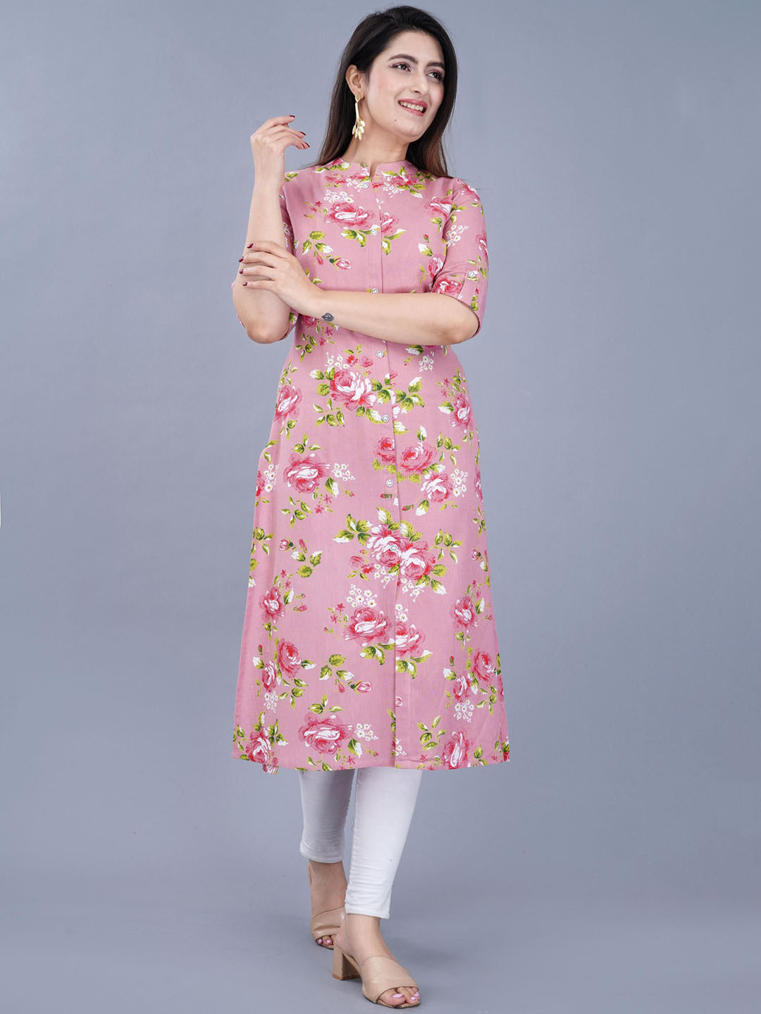 

Mintmarie Women Floral Printed Mirror Work Asymmetric Kurta, Pink