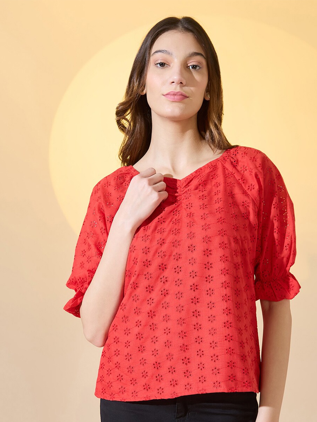 

DressBerry Self Design V-neck Cotton Schiffli Top, Red