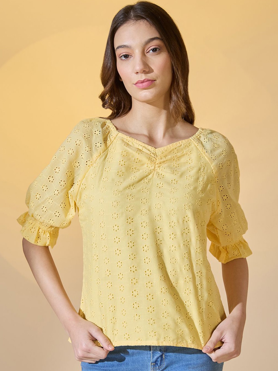 

DressBerry Solid V-Neck Schiffli Cotton Top, Yellow