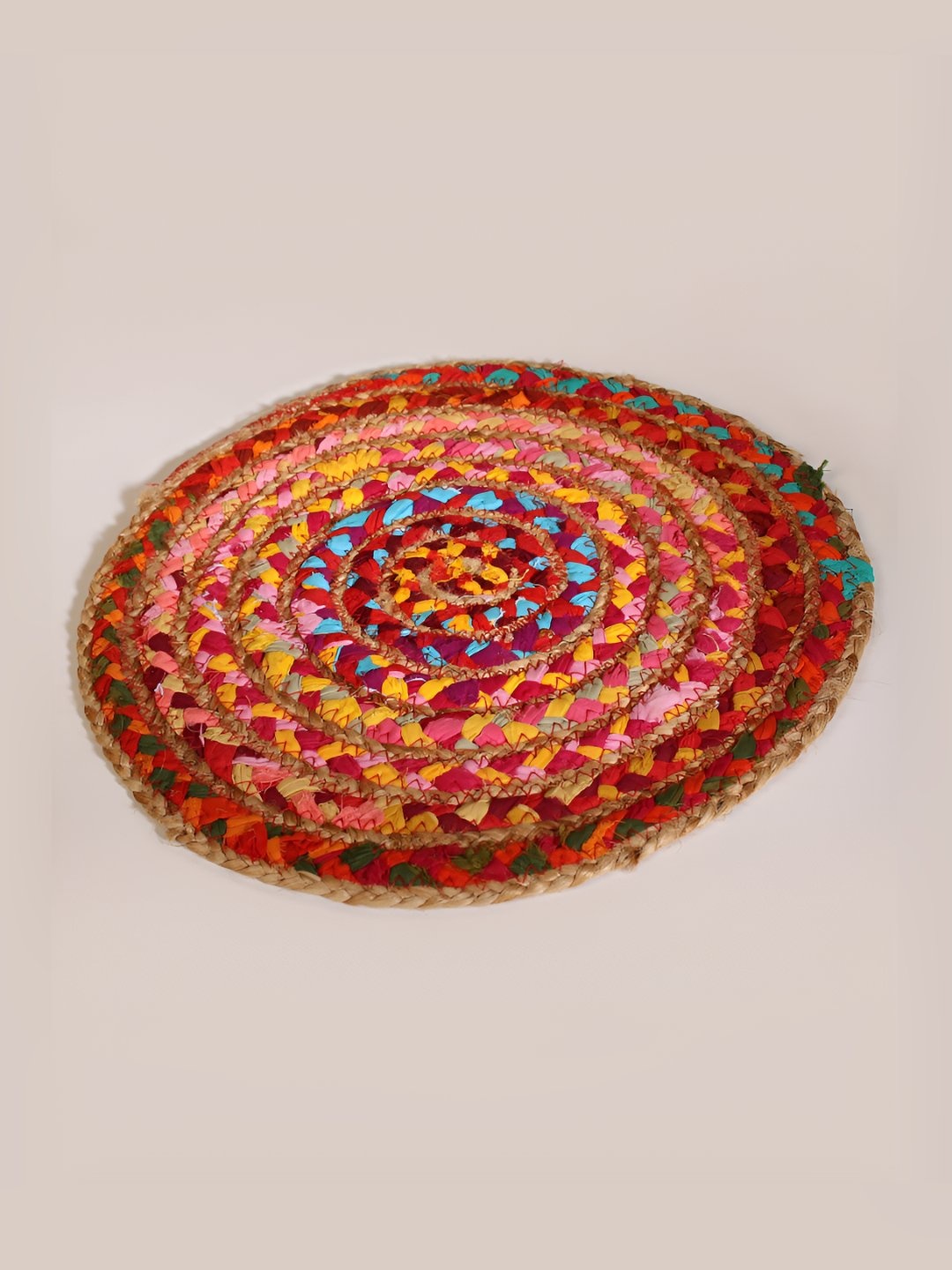 

Exotic India Multicolor Jute and Cotton Hand Braided Round Mat, Red