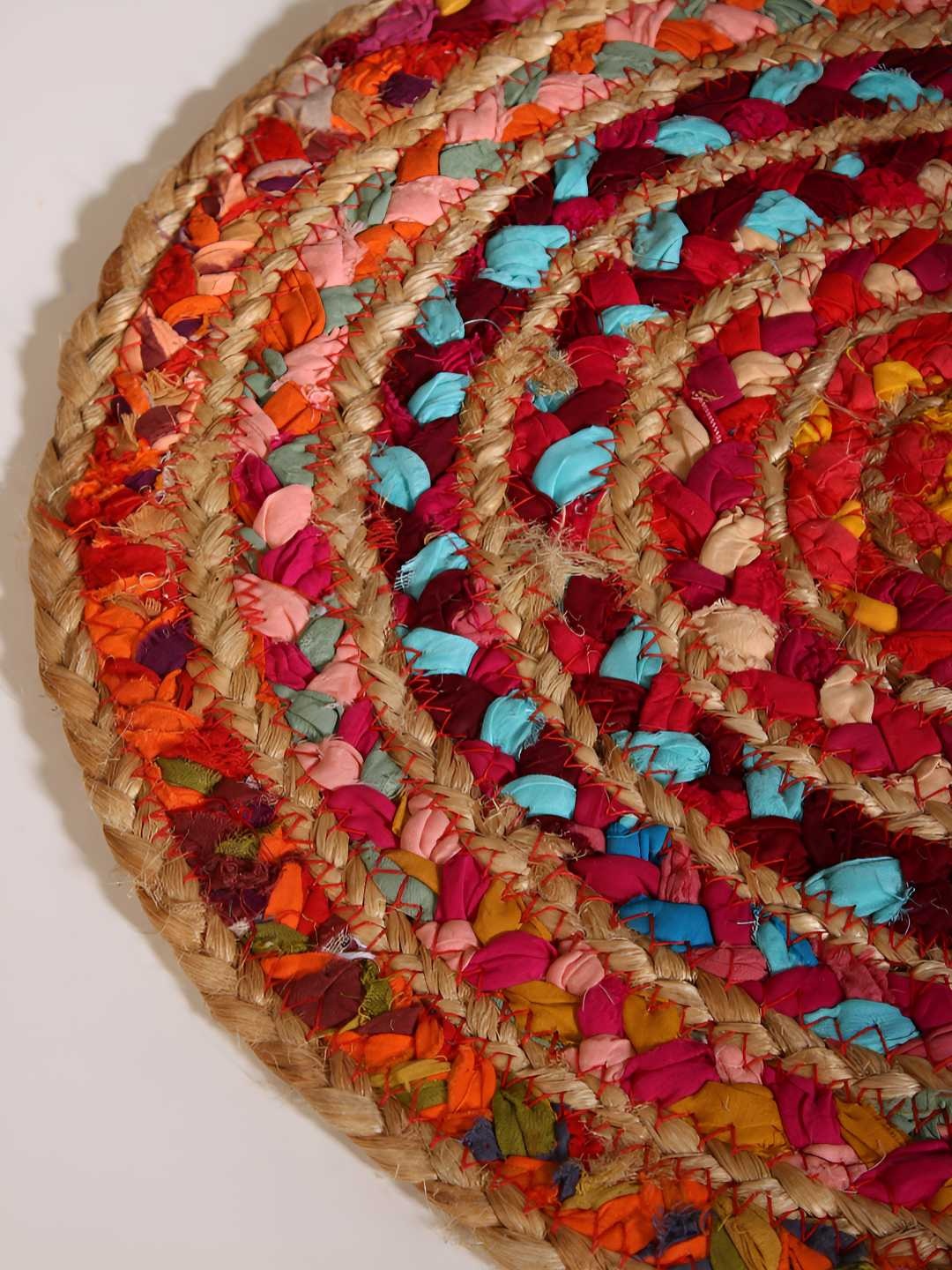 

Exotic India Multicolor Jute and Cotton Braided Round Mat, Red