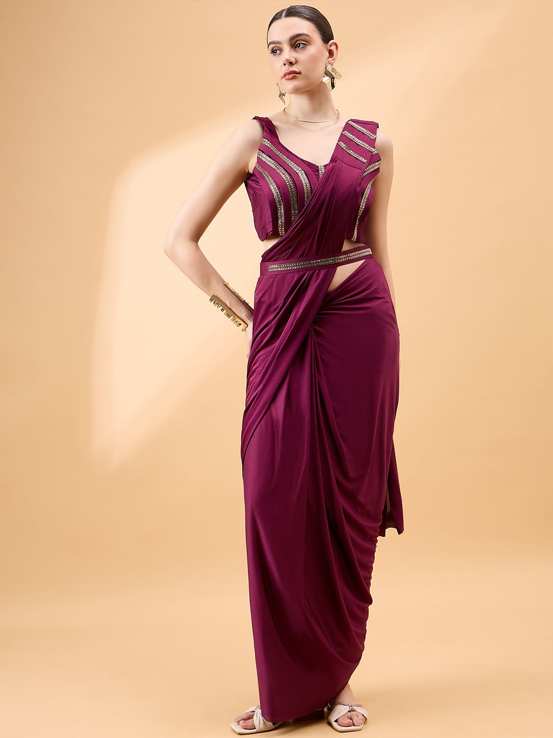 

all about you Sequinned Ready to Wear Saree, Maroon