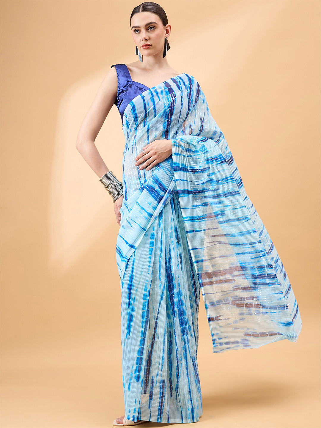 

all about you Tie and Dye Printed Sequinned Saree, Blue