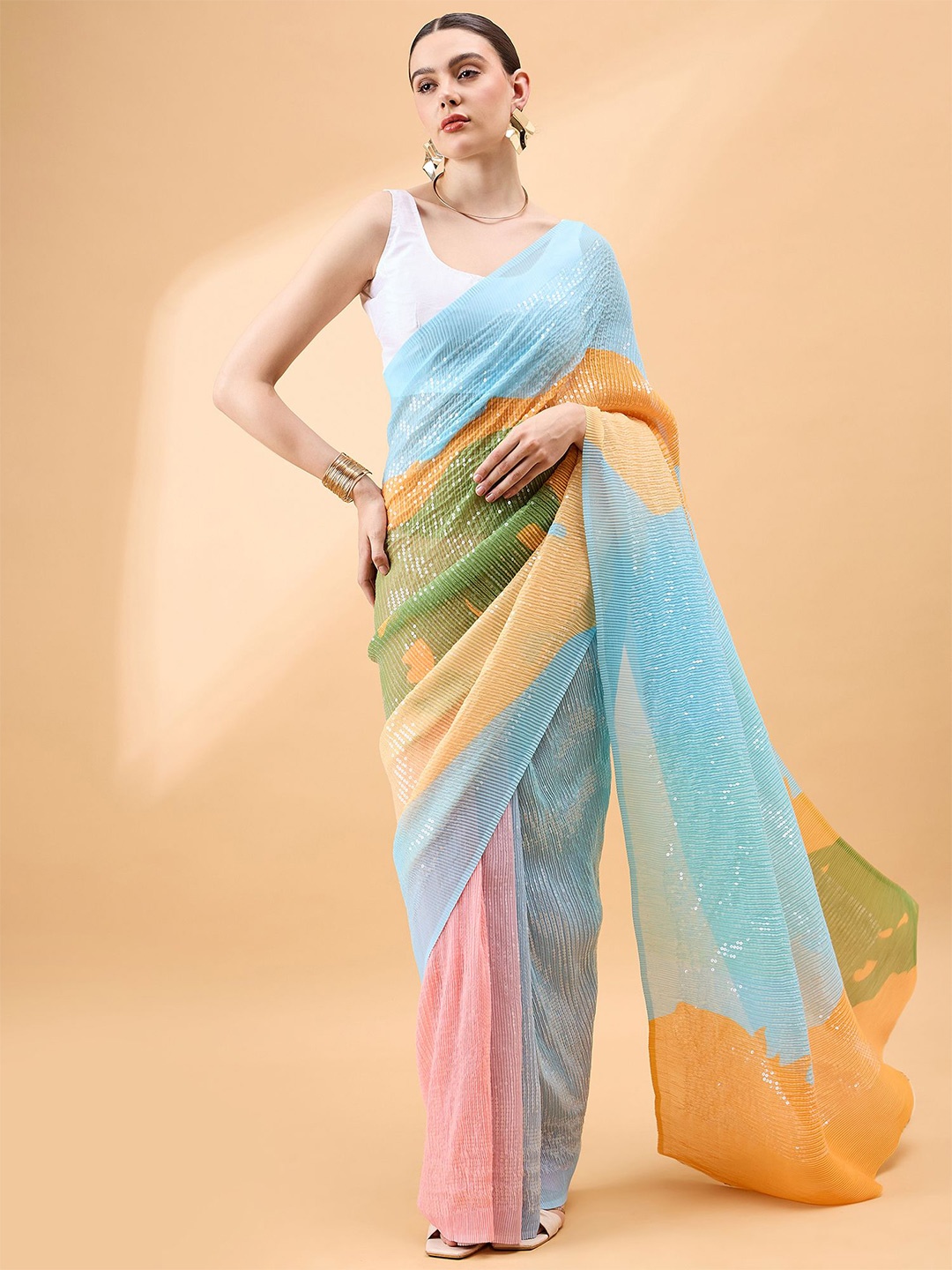 

all about you Sequinned Striped Saree, Blue