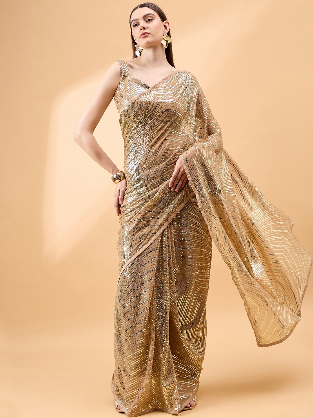 

all about you Embellished Sequinned Saree, Brown