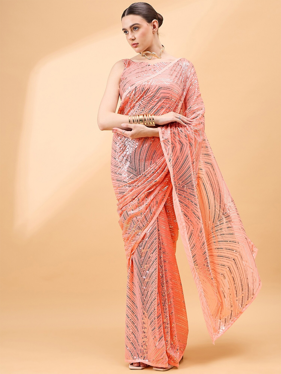

all about you Embellished Sequinned Saree, Peach