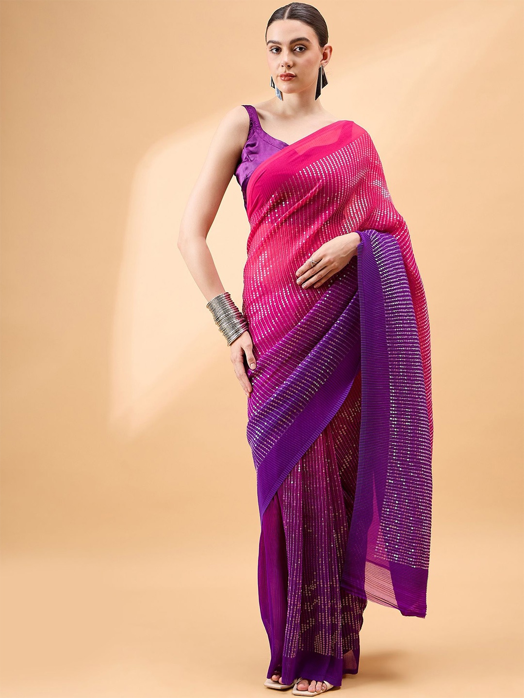 

all about you Striped Embellished Sequinned Saree, Pink