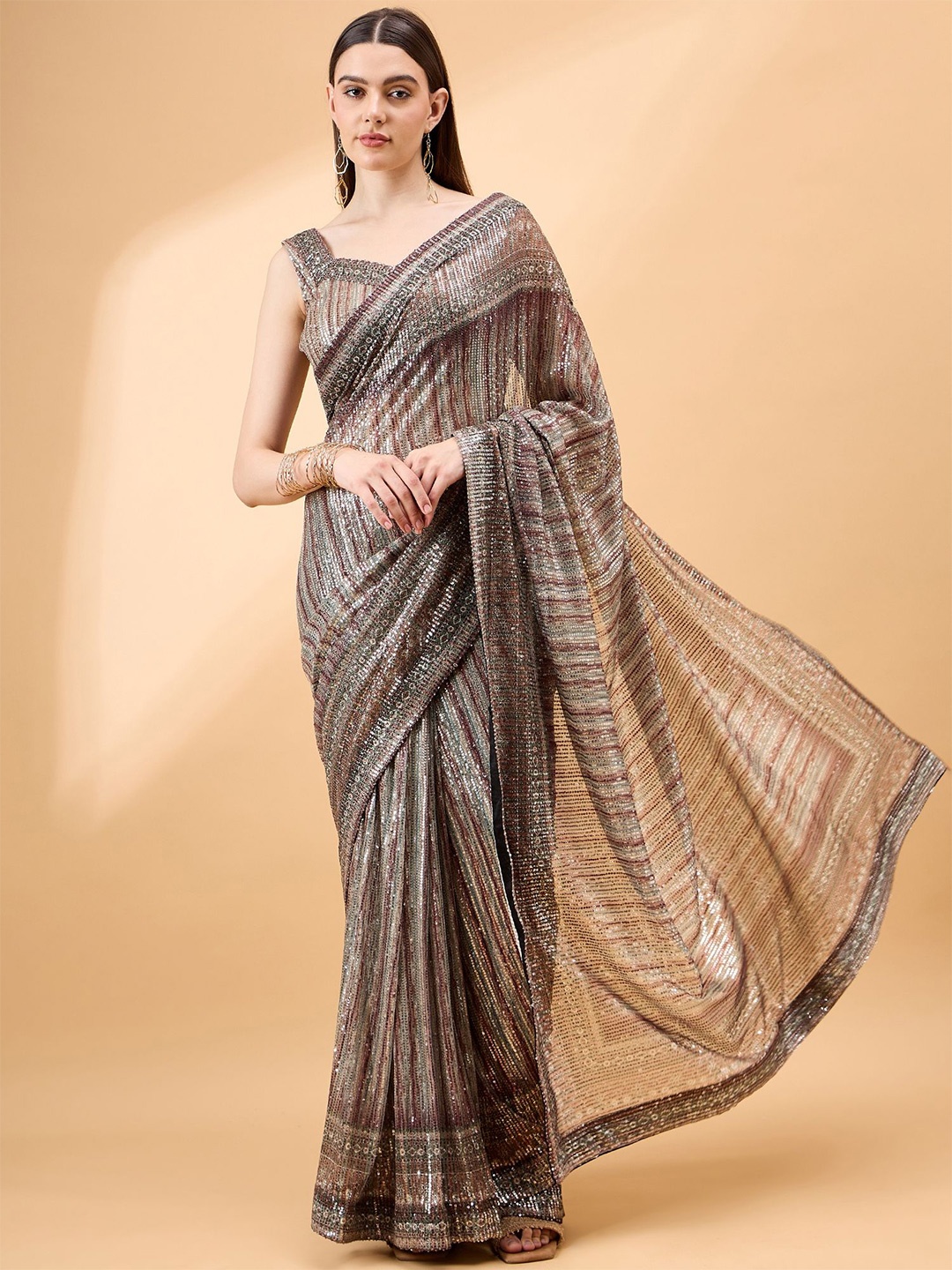 

all about you Embellished Sequinned Saree, Brown