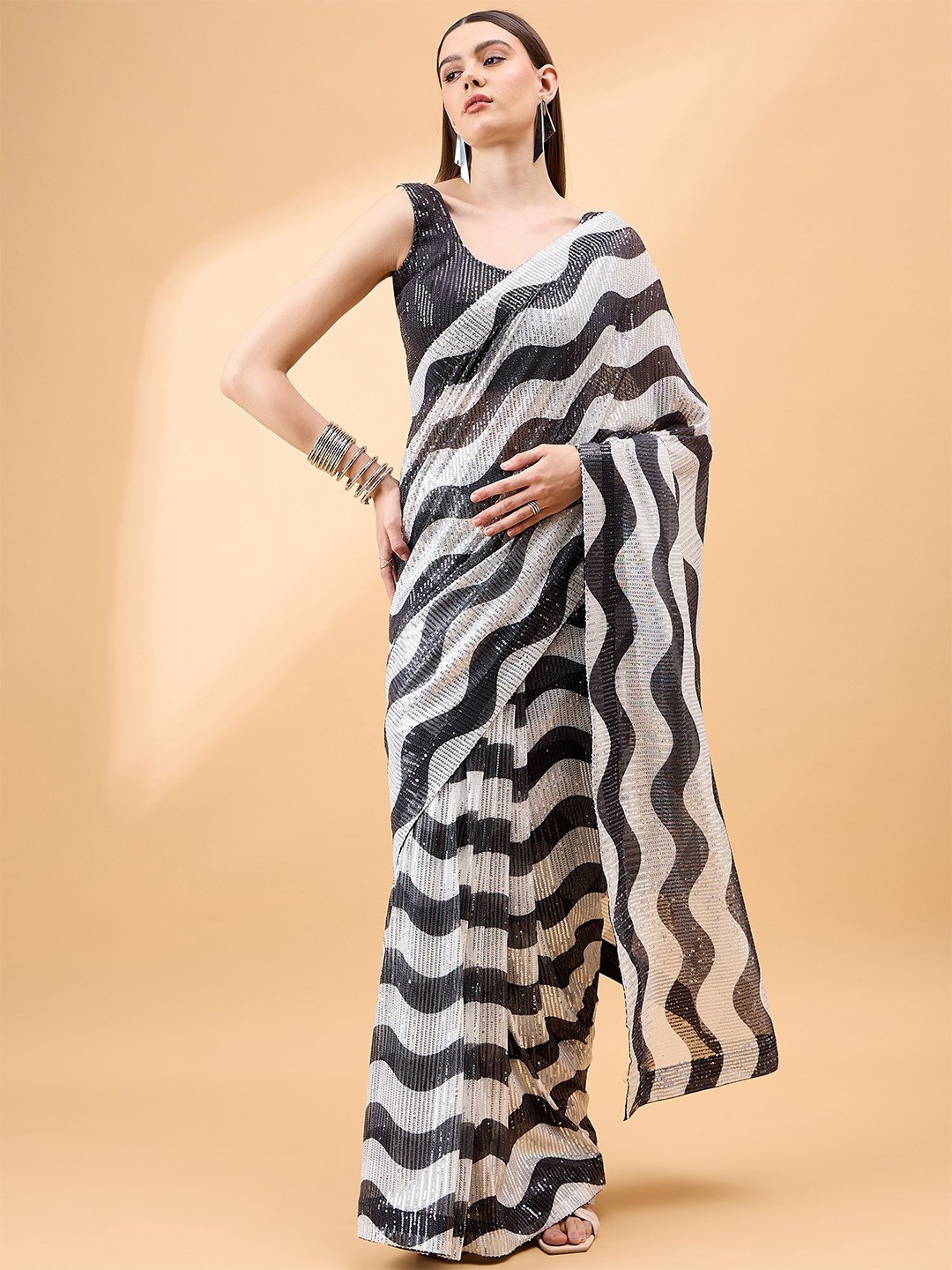 

all about you Striped Sequinned Saree, White
