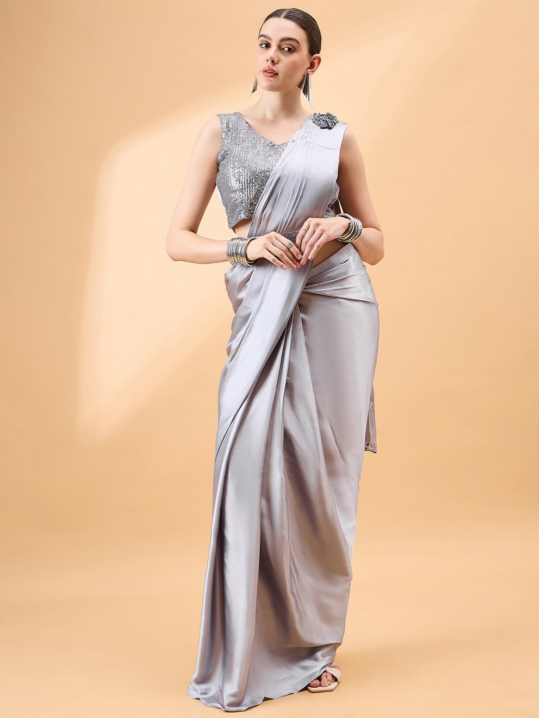 

all about you Satin Ready to Wear Saree, Silver