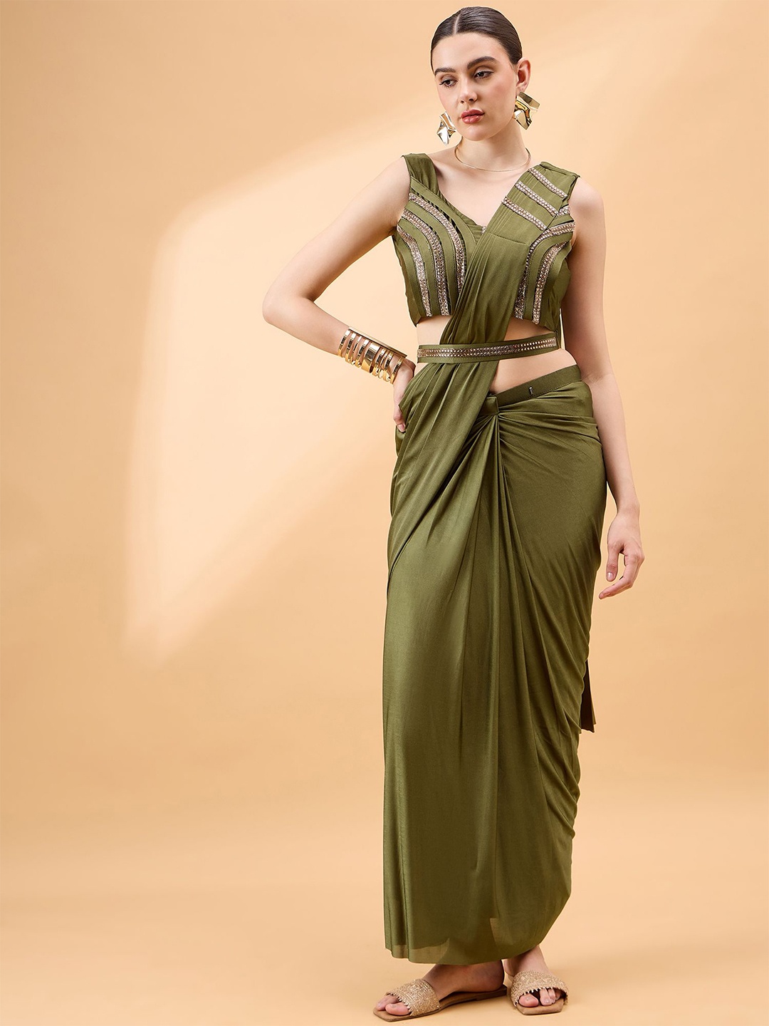 

all about you Sequinned Ready to Wear Saree, Green