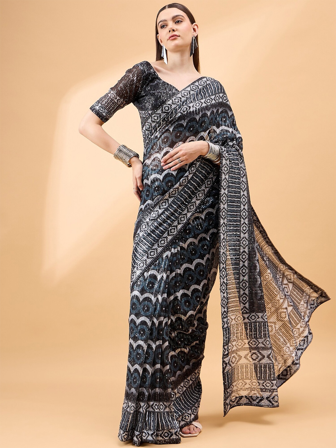 

all about you Ethnic Motifs Sequinned Saree, Black