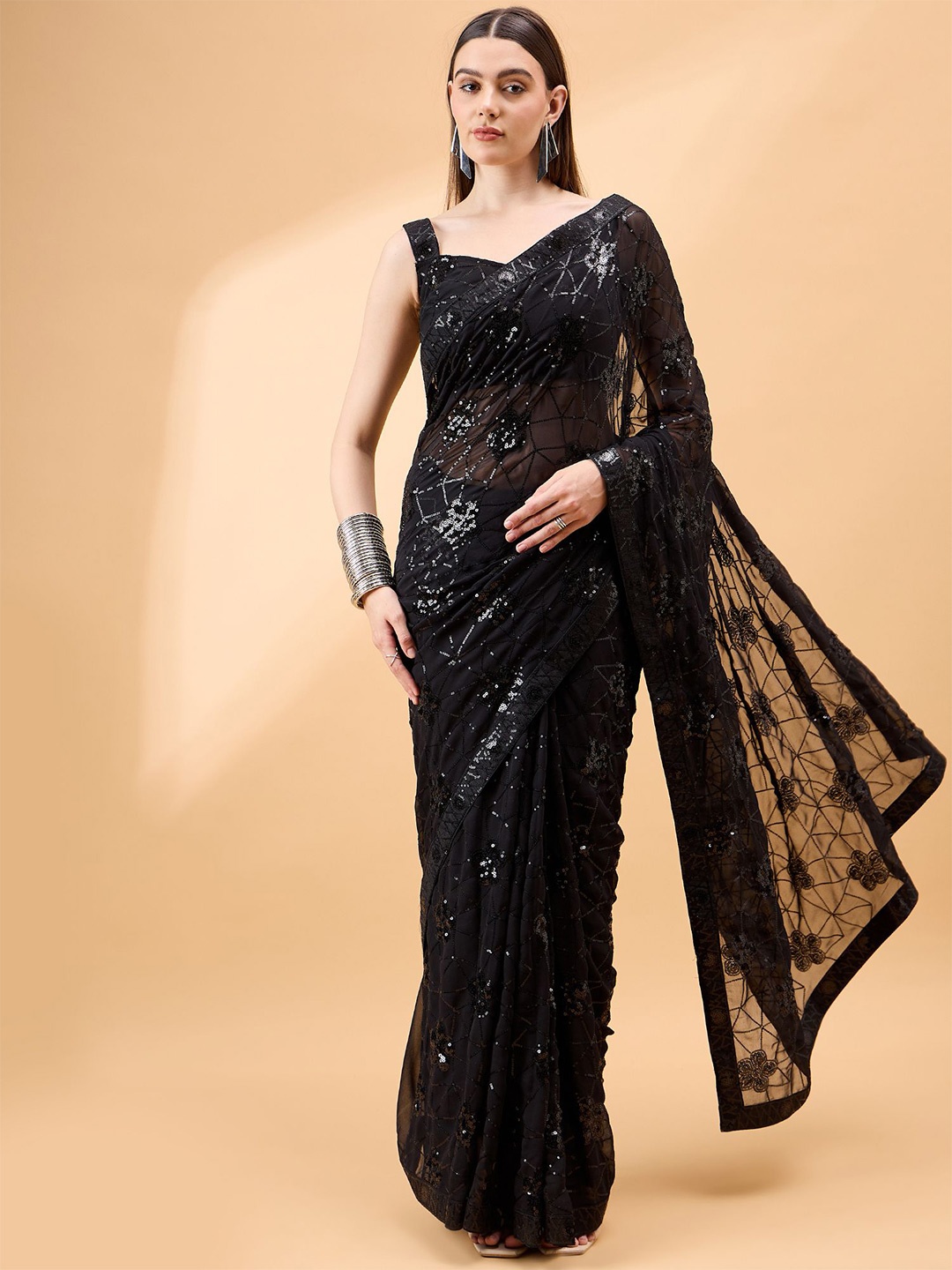 

all about you Floral Embellished Sequinned Saree, Black