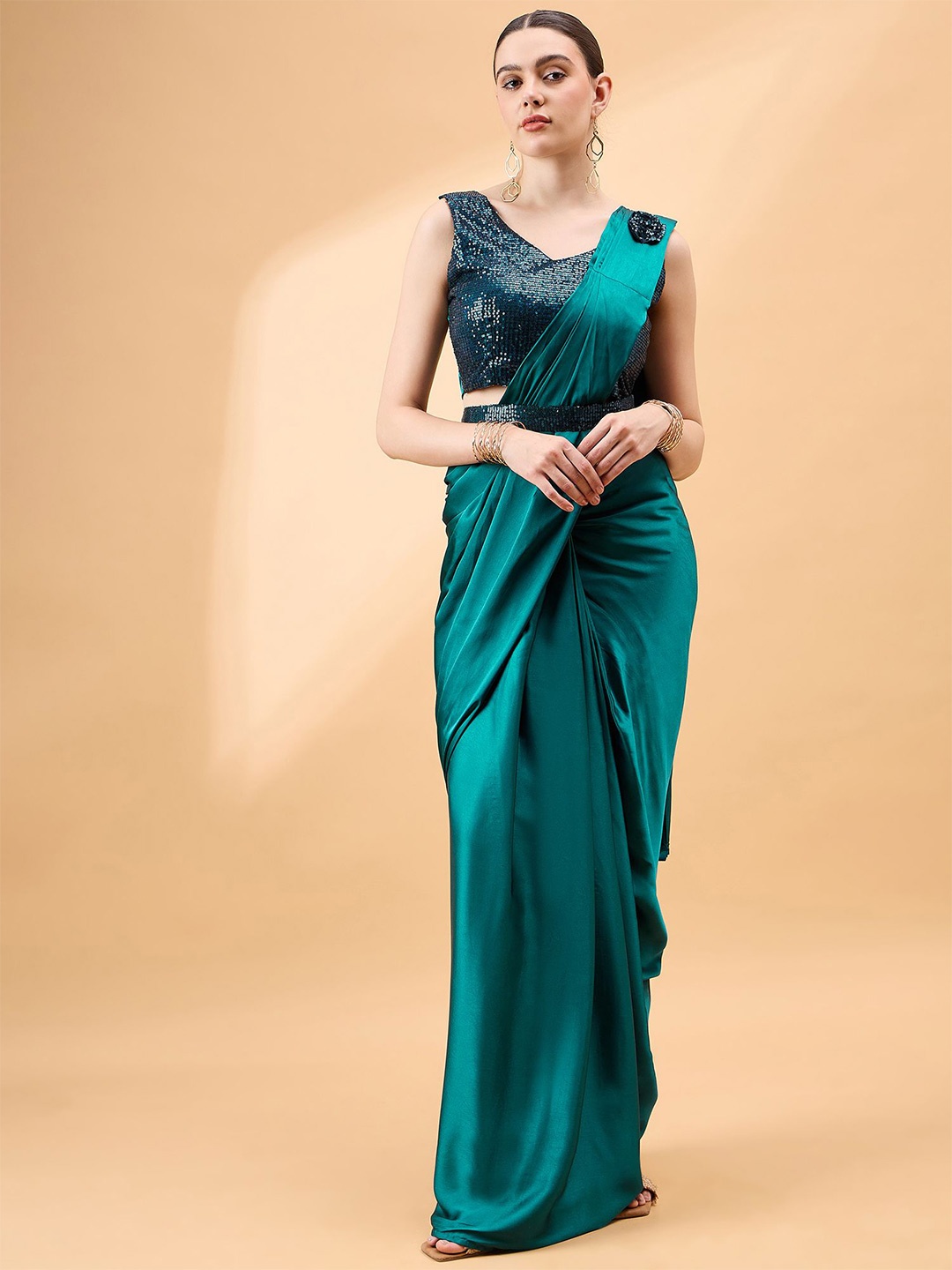 

all about you Sequinned Satin Ready to Wear Saree, Teal