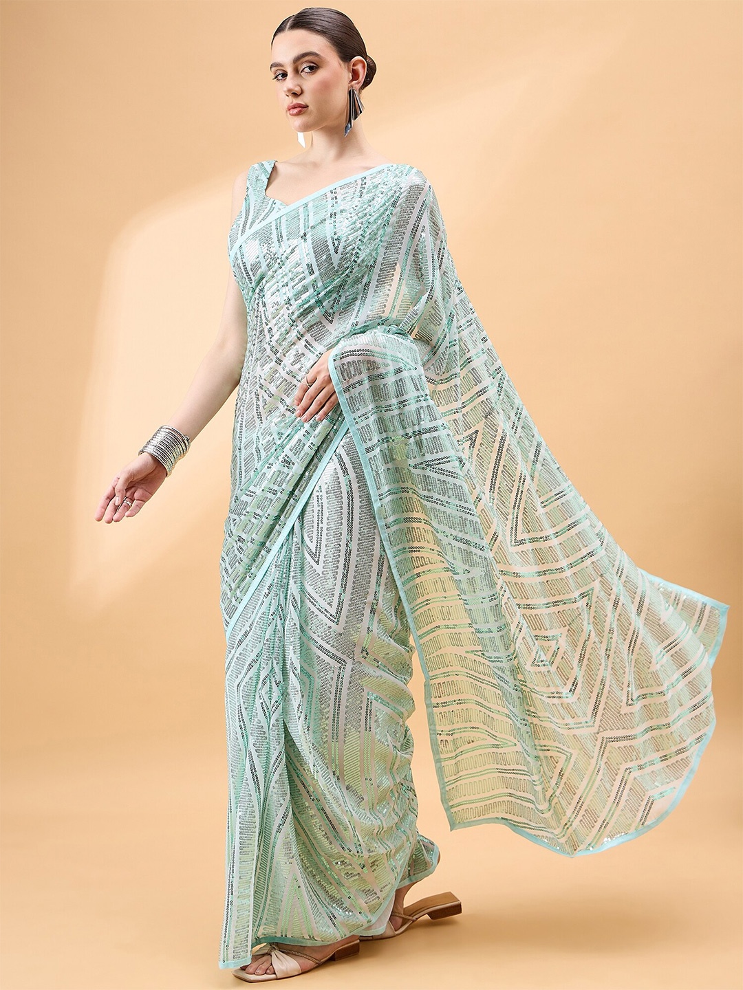 

all about you Abstract Sequinned Saree, Turquoise blue