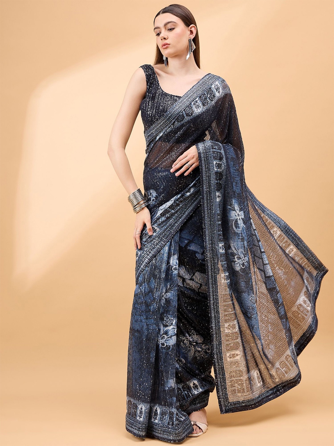 

all about you Embellished Sequinned Saree, Black