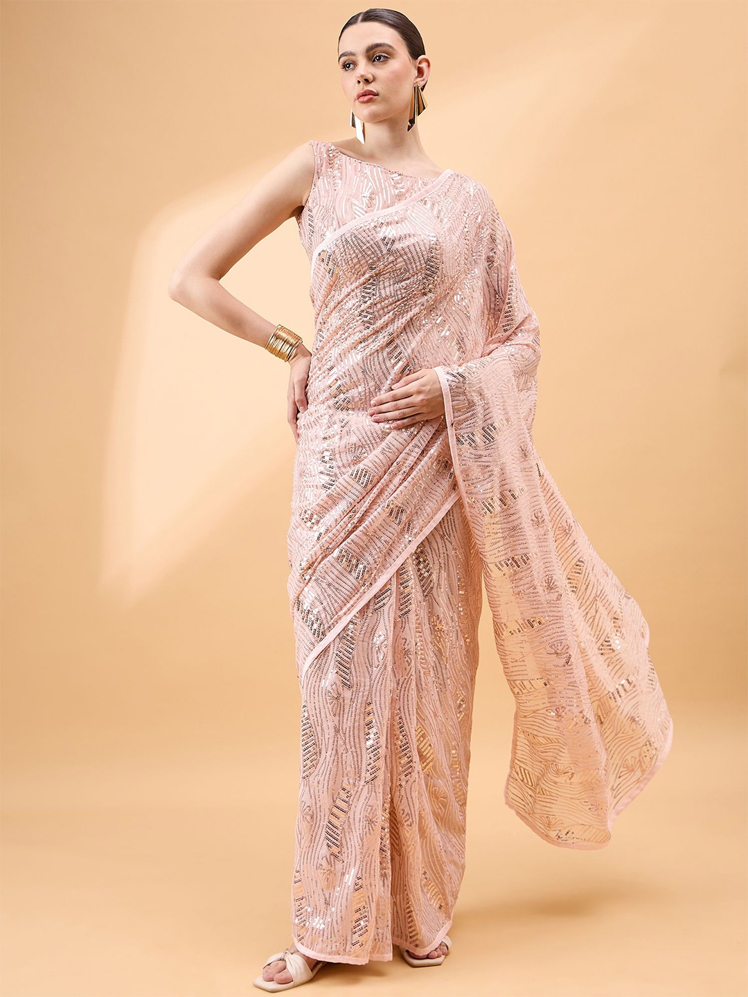 

all about you Embellished Sequinned Saree, Peach