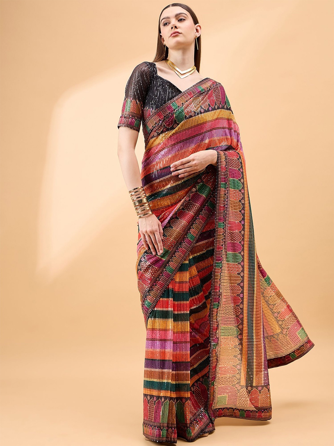 

all about you Striped Embellished Sequinned Saree, Black