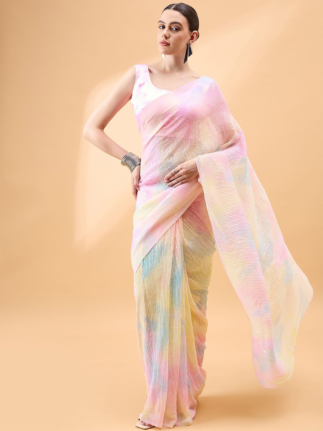 

all about you Striped Sequinned Saree, Pink