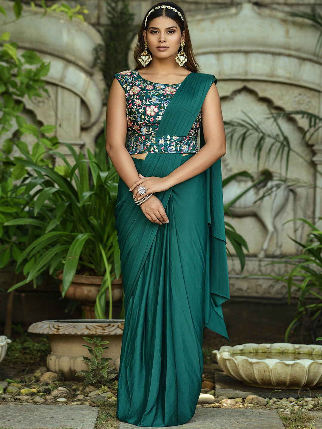 

ZIBLON Solid Accordian Pleat Ruffles Ready to Wear Saree, Green