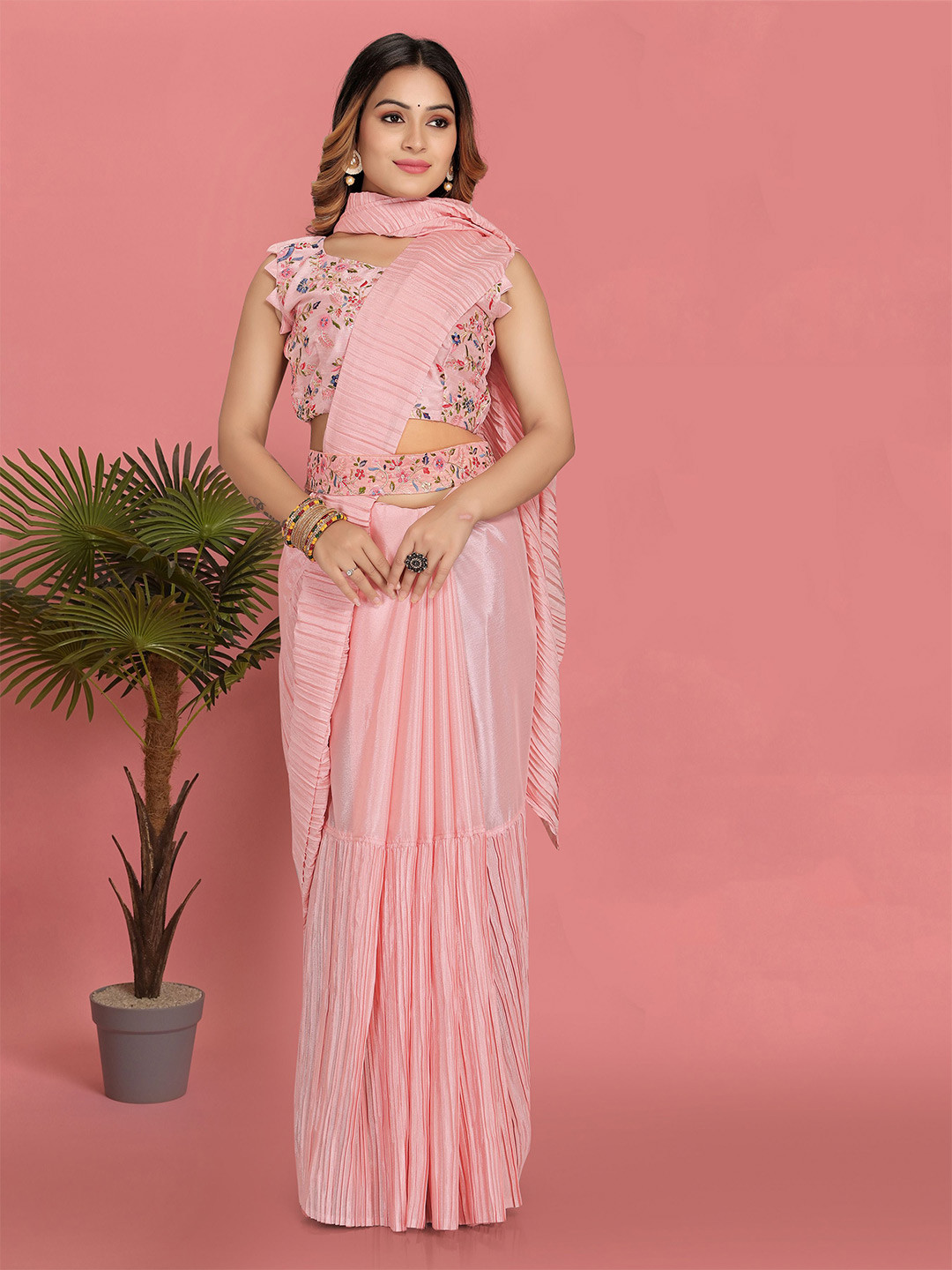 

ZIBLON Pure Silk Ready to Wear Bomkai silk Saree, Pink
