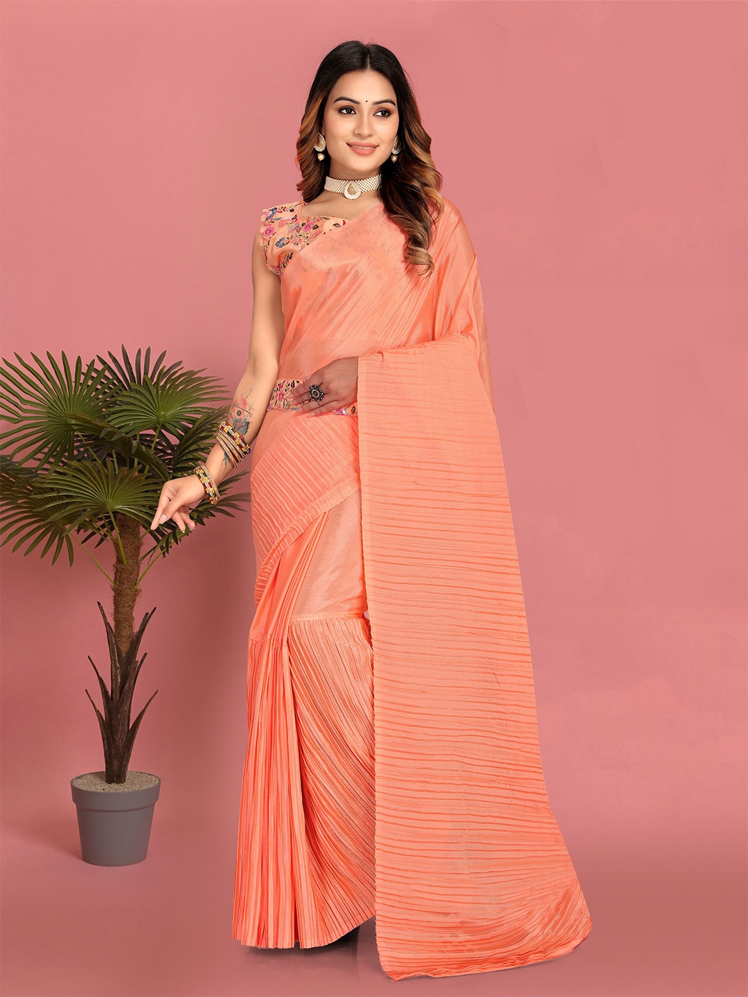 

ZIBLON Pure Silk Ready to Wear Saree, Peach