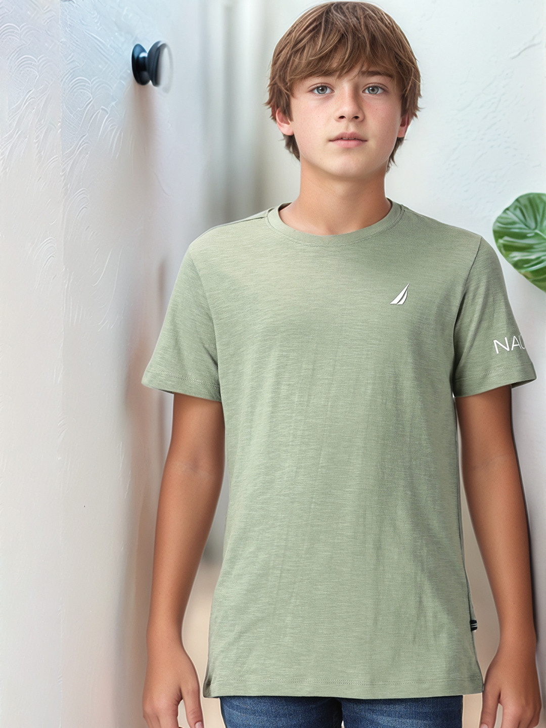 

Nautica Boys Round Neck Solid T-shirt, Olive