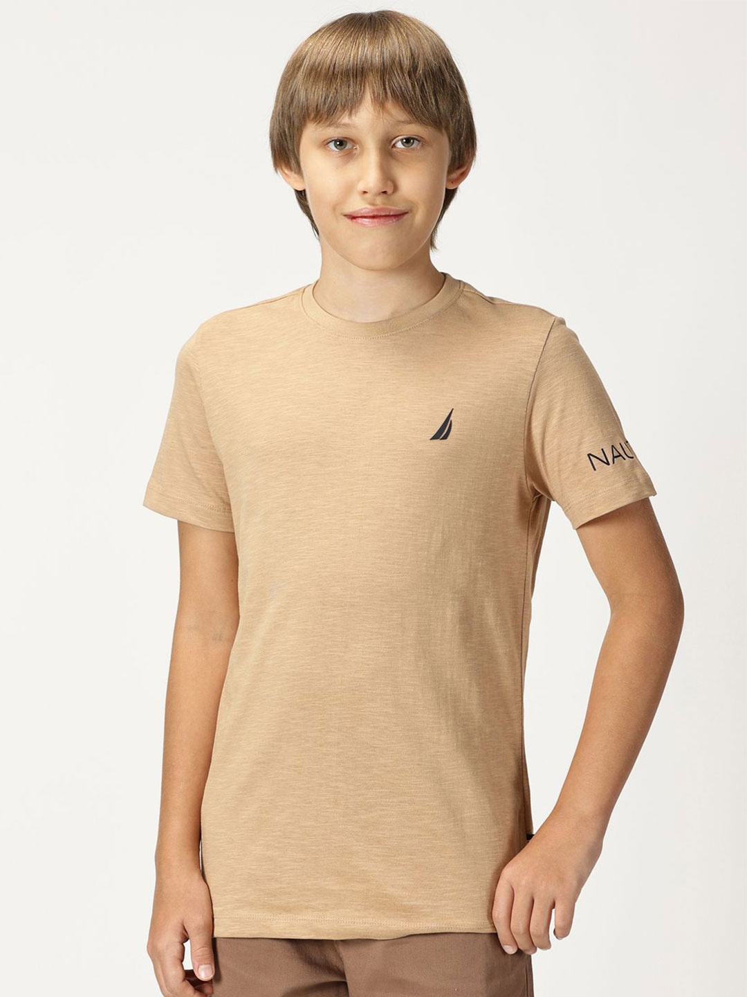 

Nautica Boys Solid Pure Cotton Round Neck T-shirt, Beige