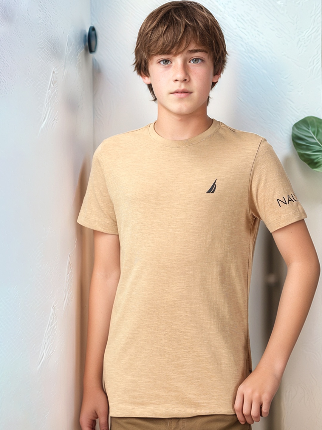 

Nautica Boys Solid Pure Cotton Round Neck T-shirt, Beige