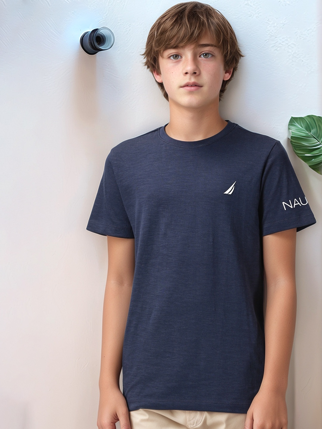 Nautica Boys Solid Brand Logo Pure Cotton Round Neck T-shirt, Navy blue