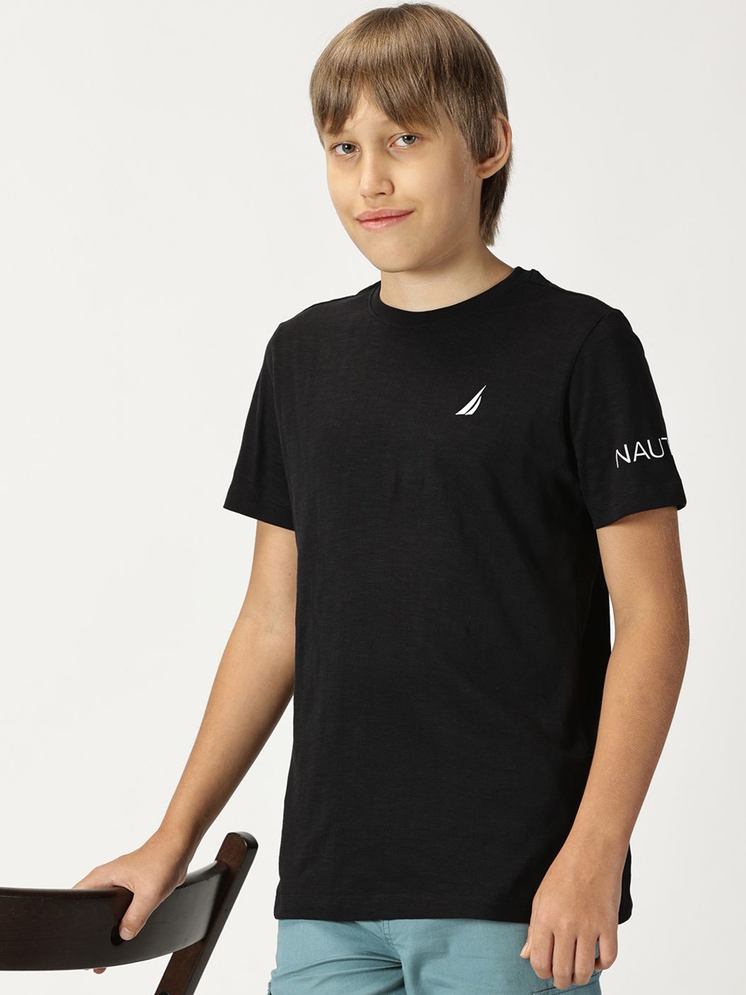 

Nautica Boys Brand Logo Printed Round Neck Pure Cotton T-shirt, Black