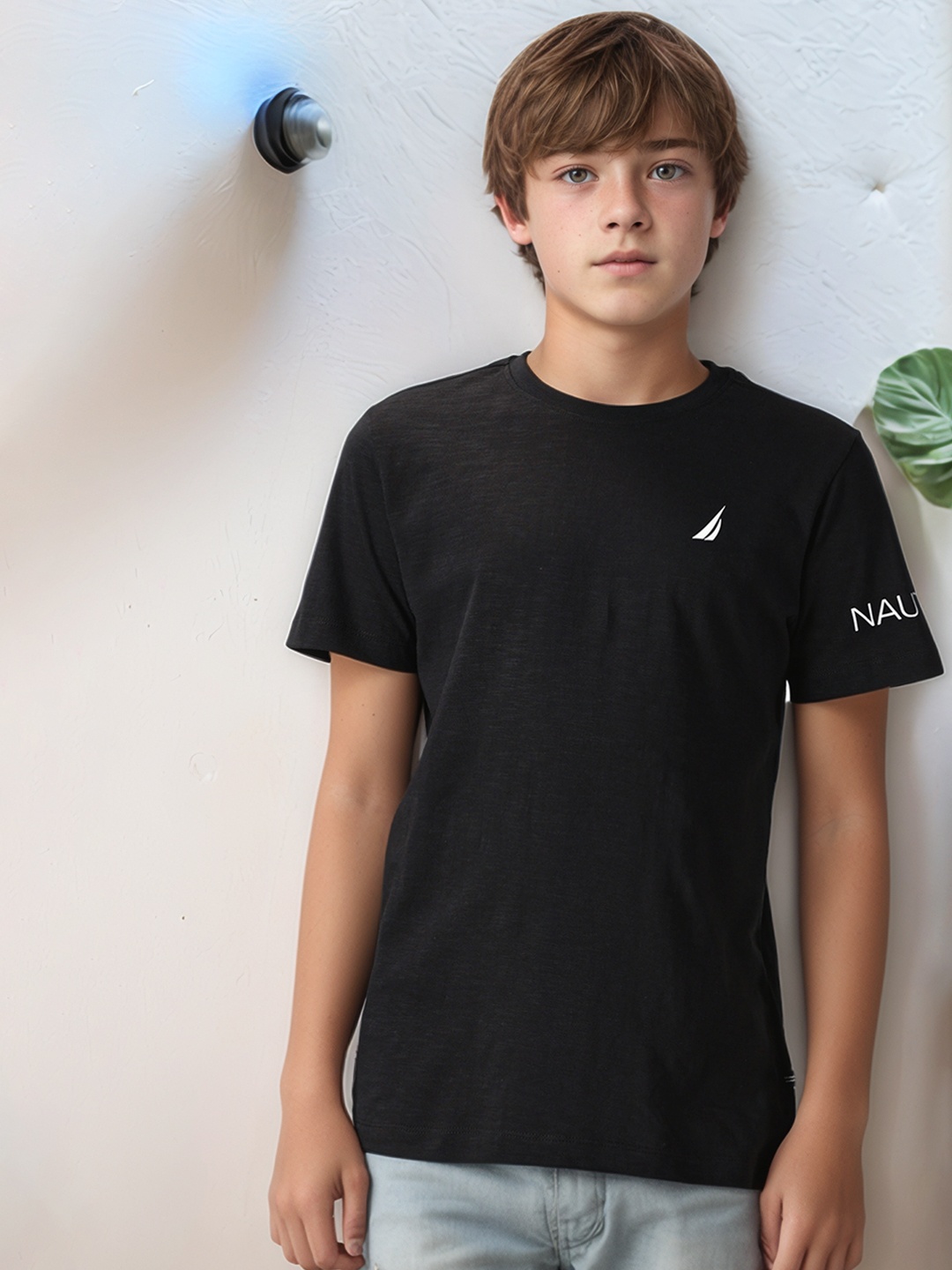 

Nautica Boys Brand Logo Printed Round Neck Pure Cotton T-shirt, Black